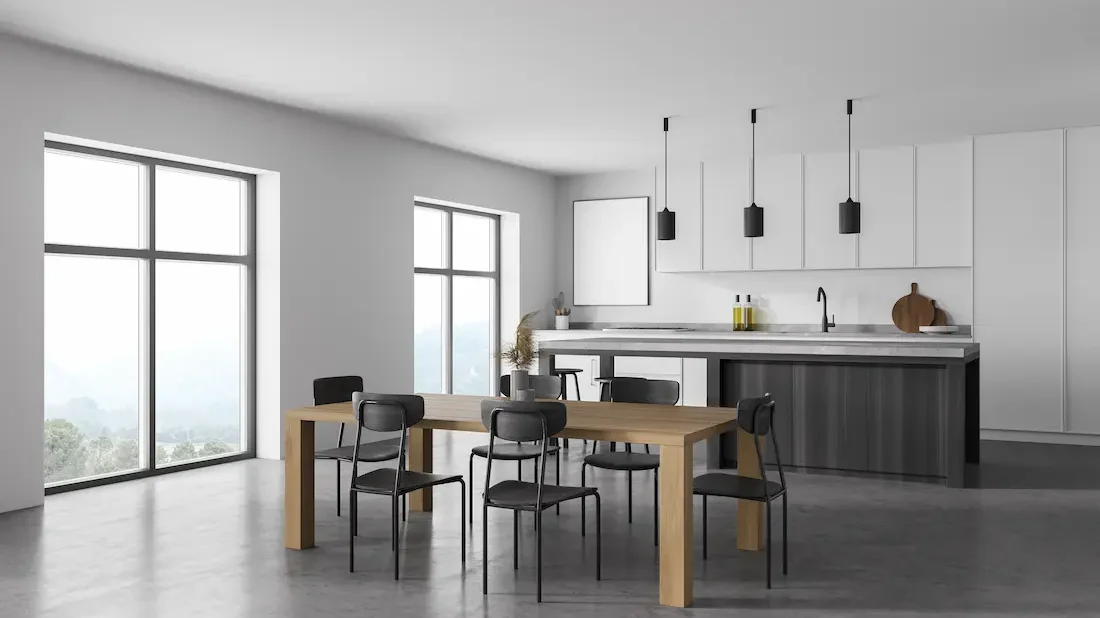 Cocina con suelo de microcemento gris