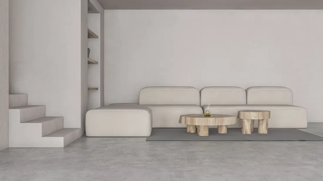 Salón con suelo de microcemento gris claro